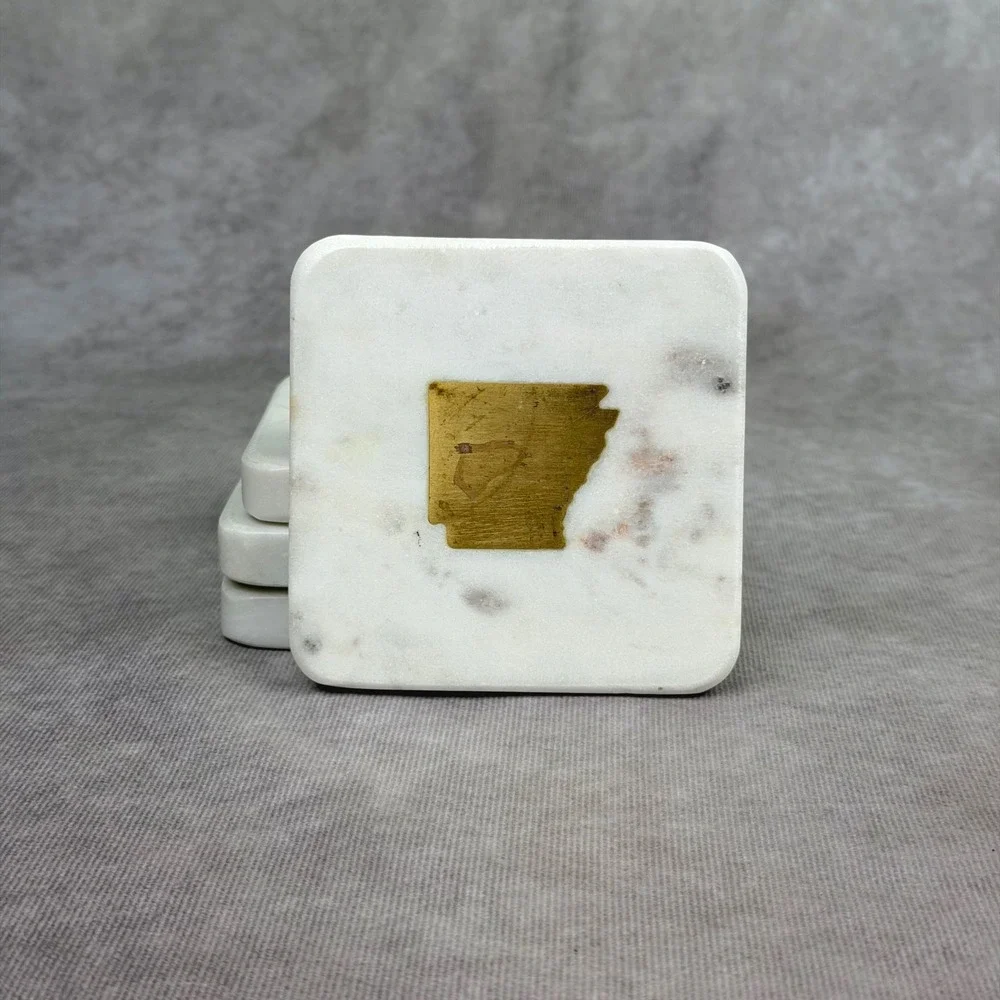 The Royal Standard White Marble Arkansas Brass Inlay Coasters Set of 4
